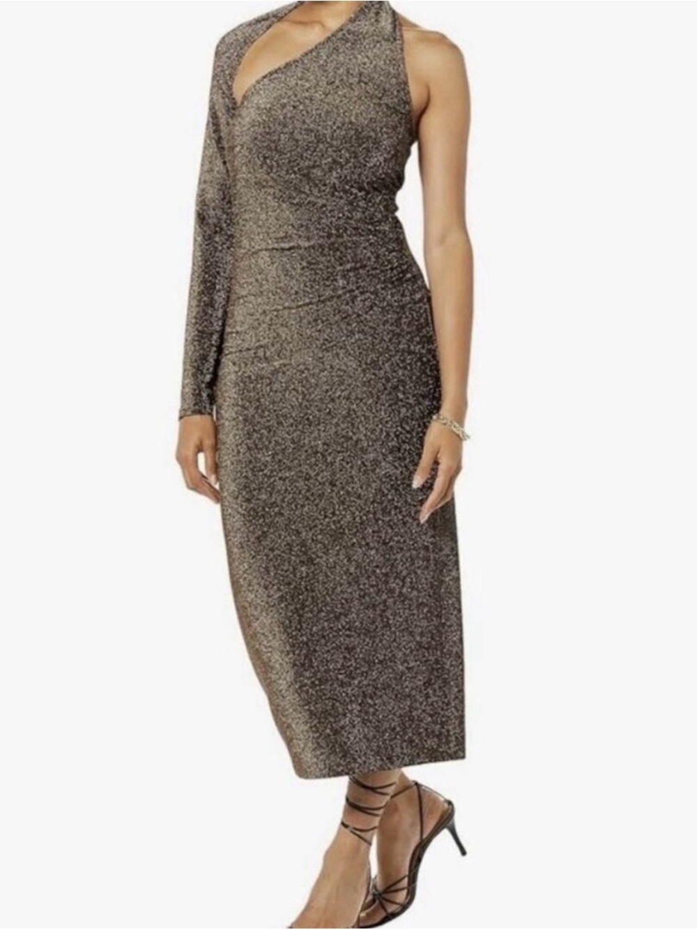 One-Shoulder Metallic Midi Dress in Gold Glitter -stretchy-weightless